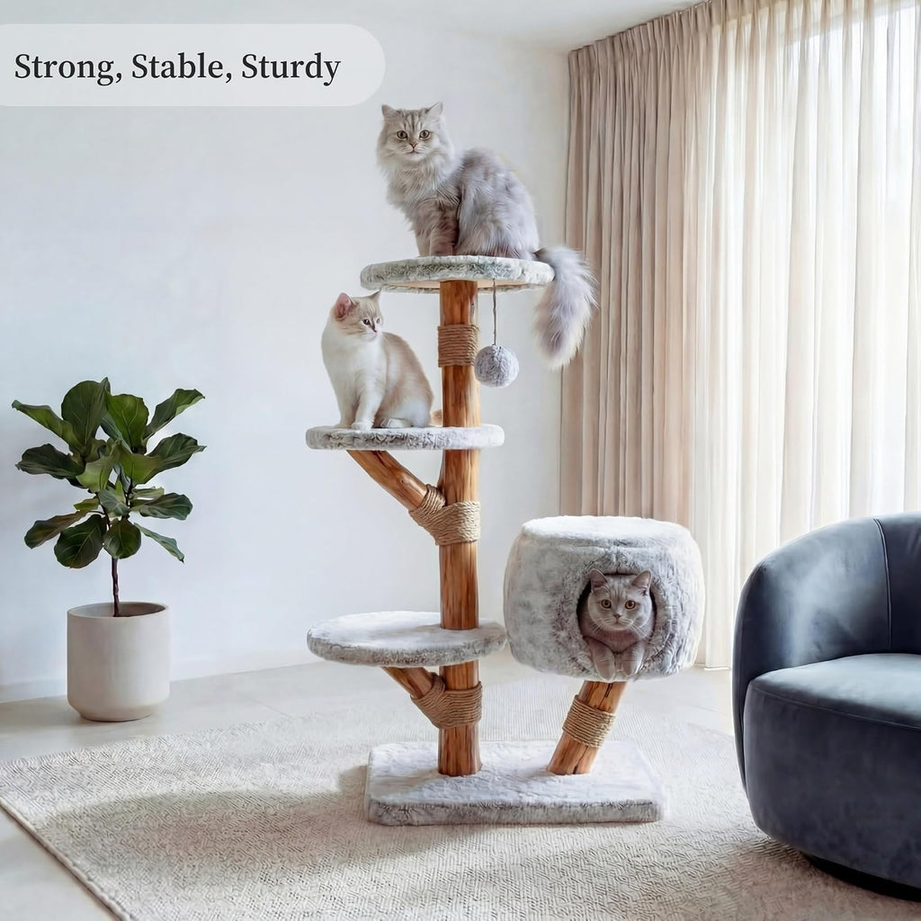 Modern Cat Tree Tower with Cave, Real Wood Cat Scratching Post with Bed for Indoor Cats Large Adult, Solid Wooden