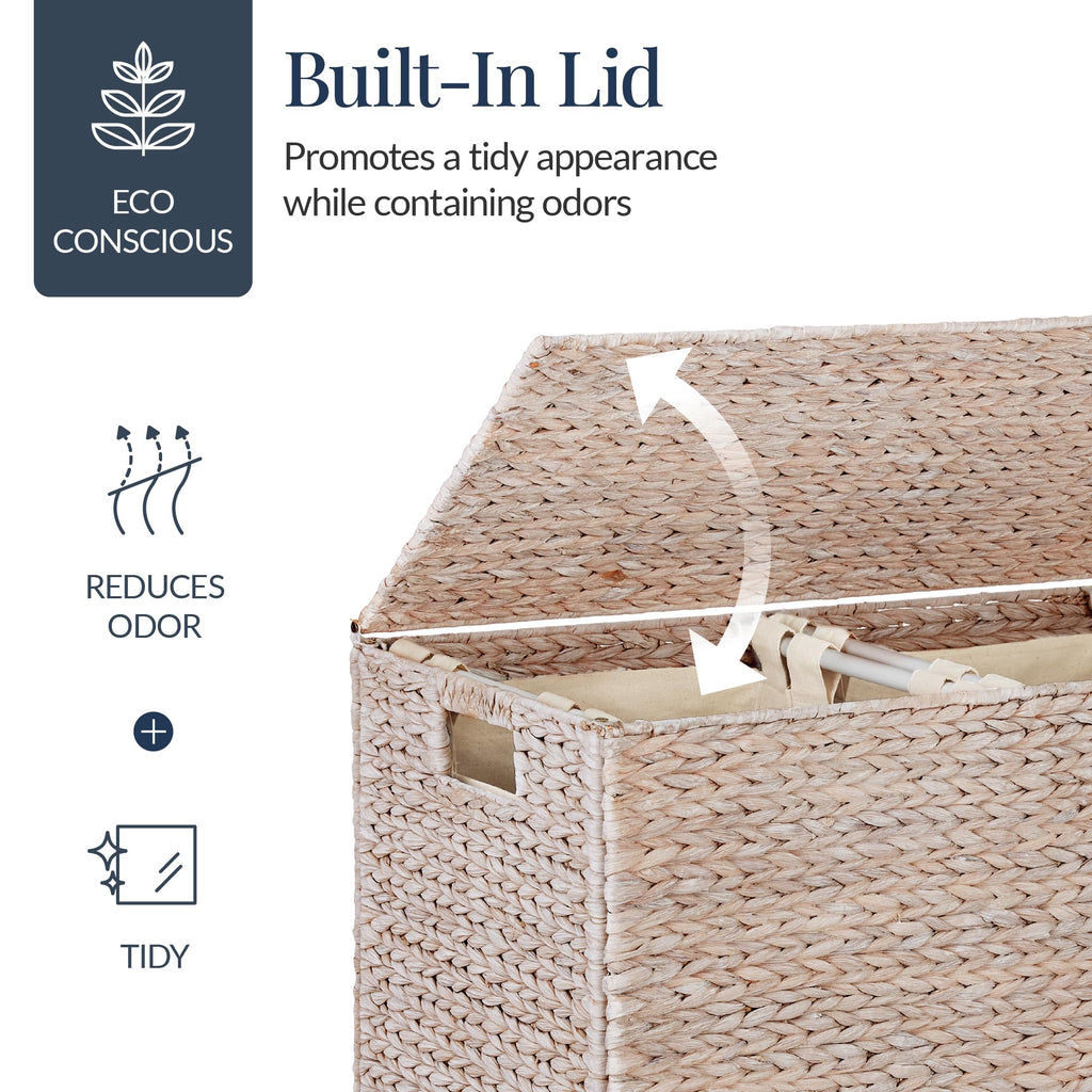 Large Laundry Hamper with Lid, Natural Handwoven Hyacinth Laundry Basket, W/Removeable & Washable Liner Bag