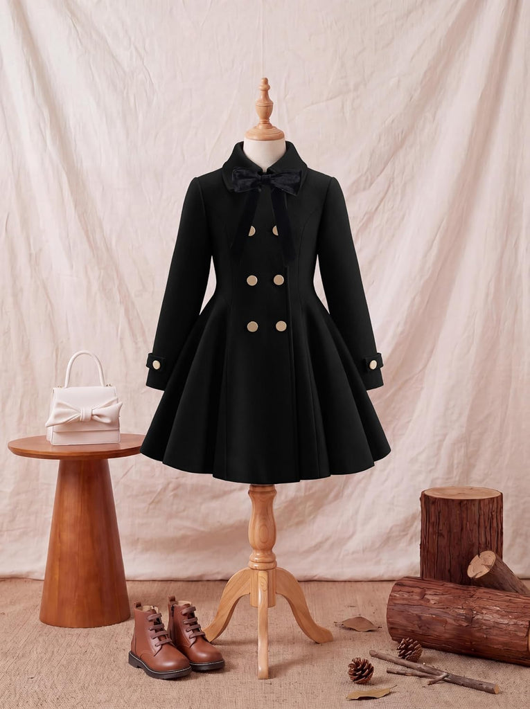 Girls Dress Coat Fall Winter Double Breasted Peacoat Bow Pocket