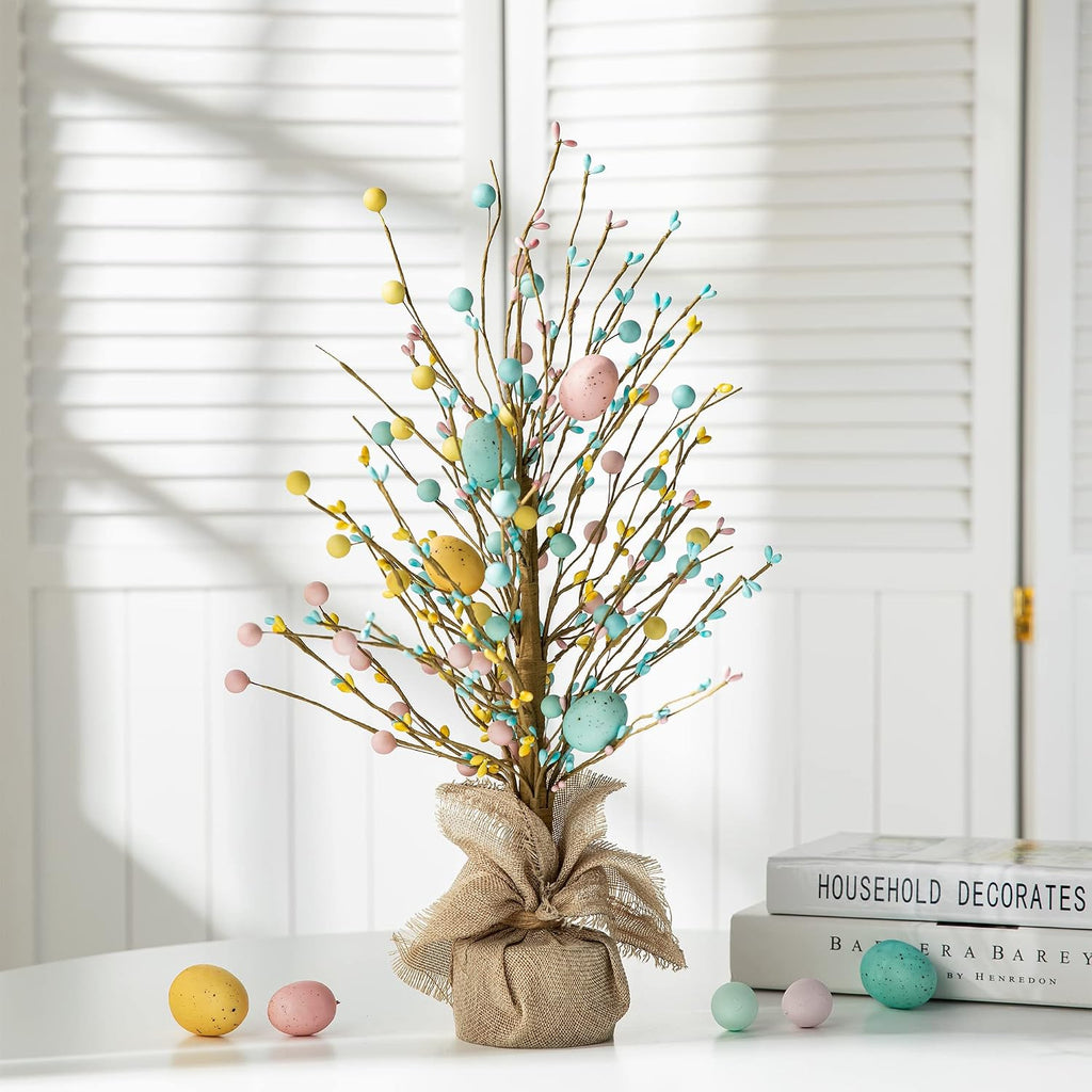 18"H Easter Eggs Table Tree with Burlap Base, Decorative Tree Table Centerpiece for Great Festival Easter Party Home