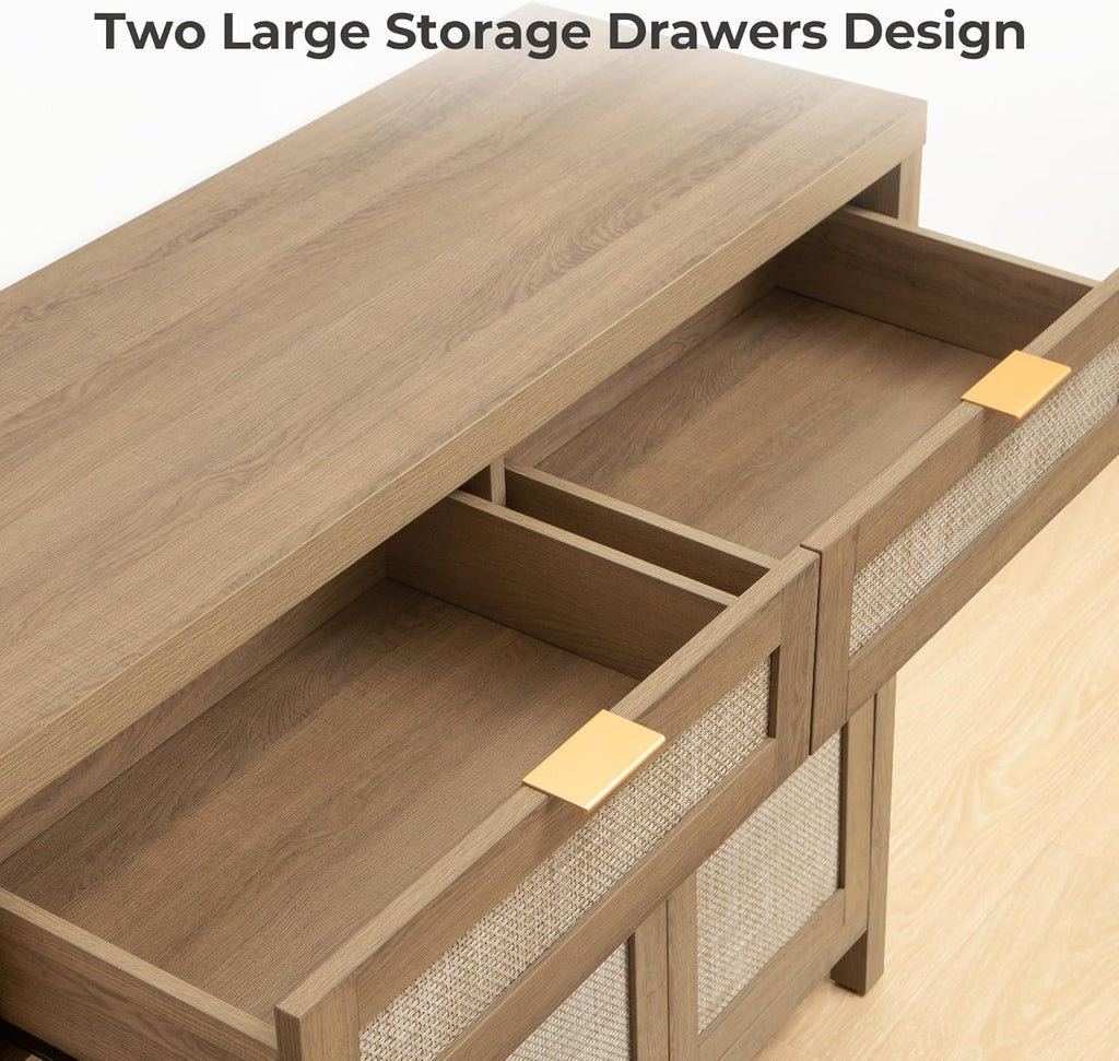 Rattan Sideboard Buffet Cabinet with Storage, Boho Credenza Accent | Storage Cabinet with 3 Doors and 2 Drawers