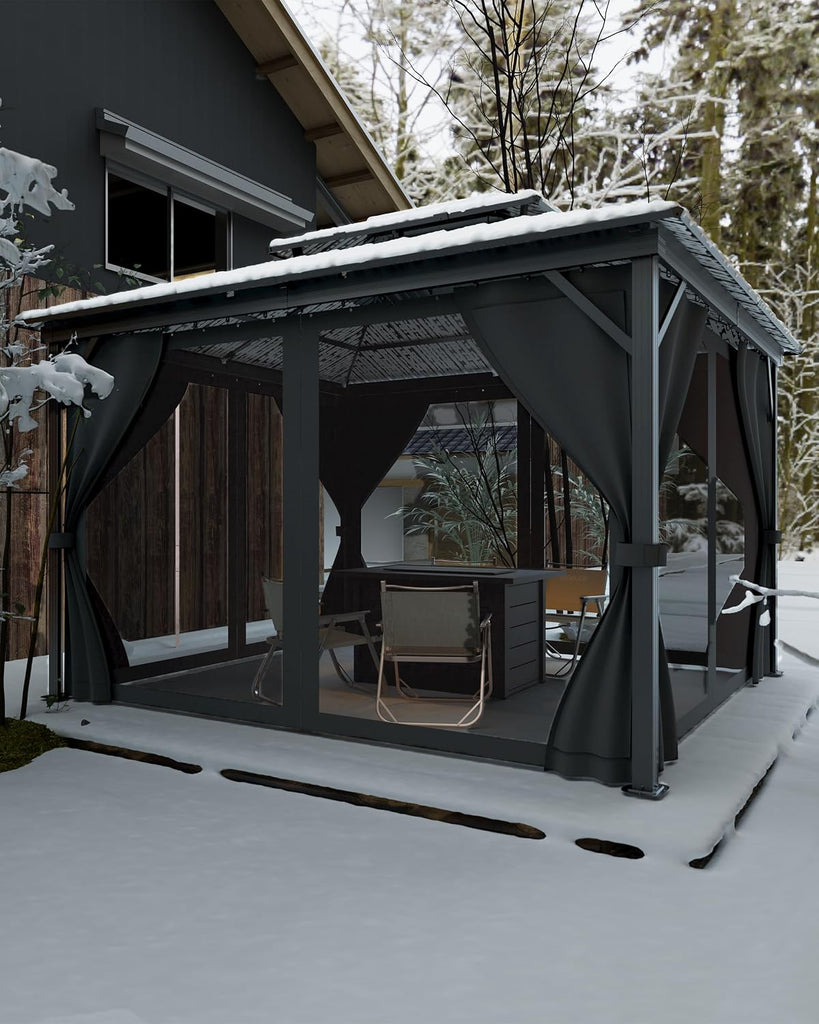 10x10 Ft Hardtop Gazebos with Heavy Duty Double Roof, Nettings and Curtains Galvanized Steel Outdoor Gazebos