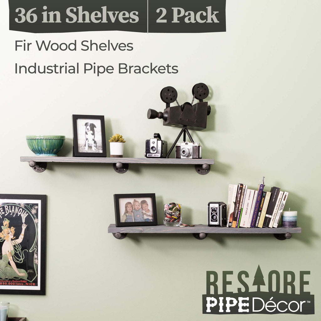 Industrial Pipe Wooden Shelves Restore by Premium Douglas Fir Wood Shelving 36 Inch Length Set of 2 Boards and 6