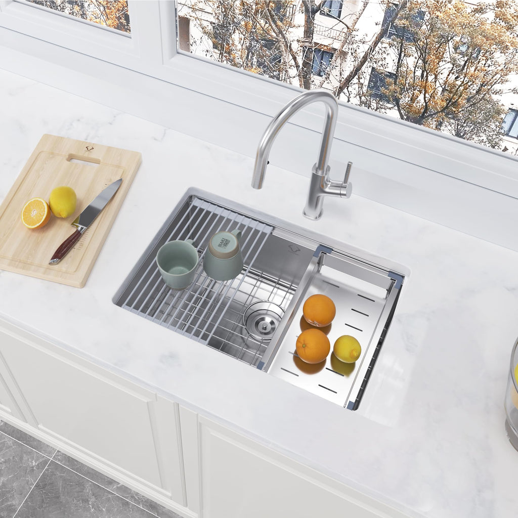 27 Inch Undermount Kitchen Sink 16 Gauge Stainless Steel Ledge Workstation Sink Round Corners Deep Single Bowl