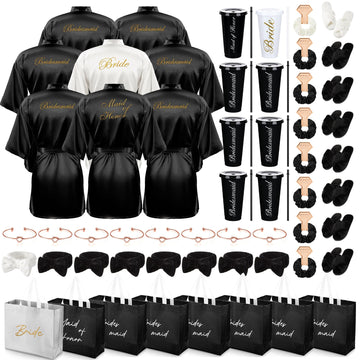 56 Pcs Bridesmaid Bride Robes Set of 8 Bridal Party Silk Satin Robes for Wedding Bachelorette Party Gifts(White, Black)