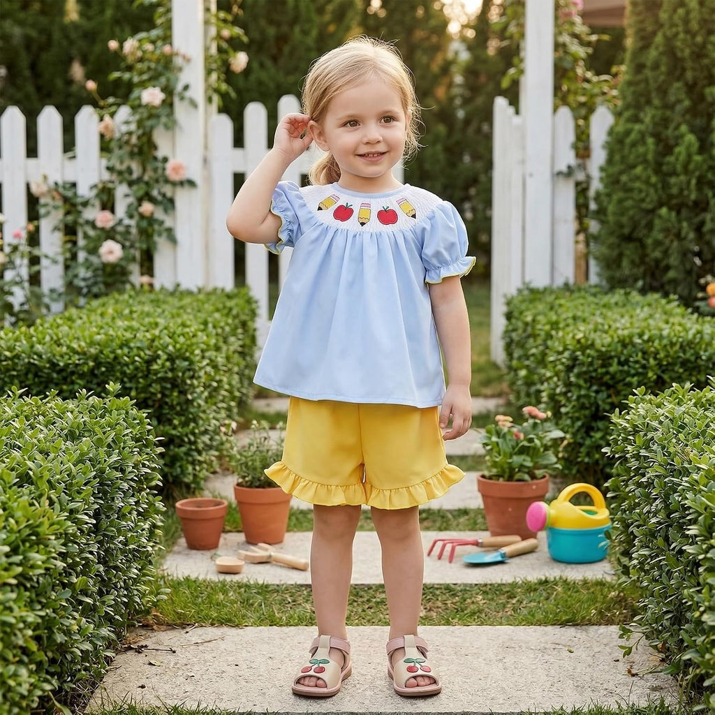 Back to School Little Toddler Girls Outfit Pre K First Day of School Smocked T-Shirt Dress Top Ruffle Shorts Set