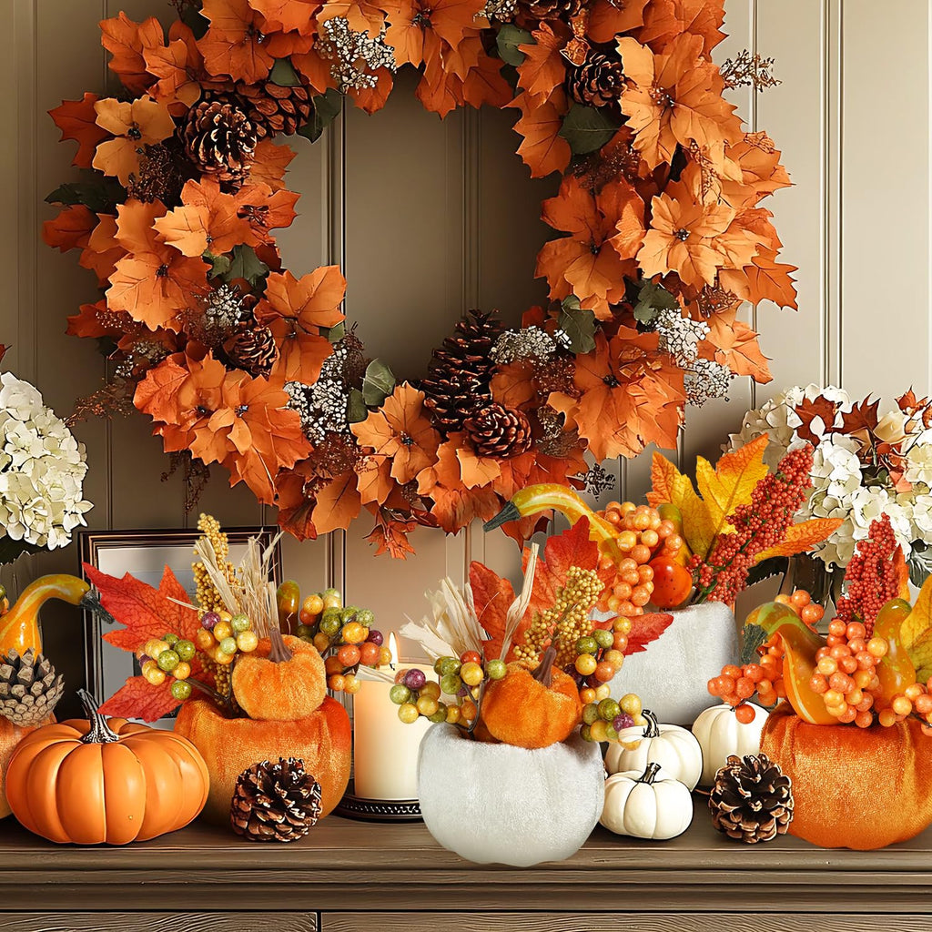 Set of 6 Artificial Pumpkins Decorations, Decorative Fabric Orange Pumpkin with Maple Berry Acorn Pine Cone