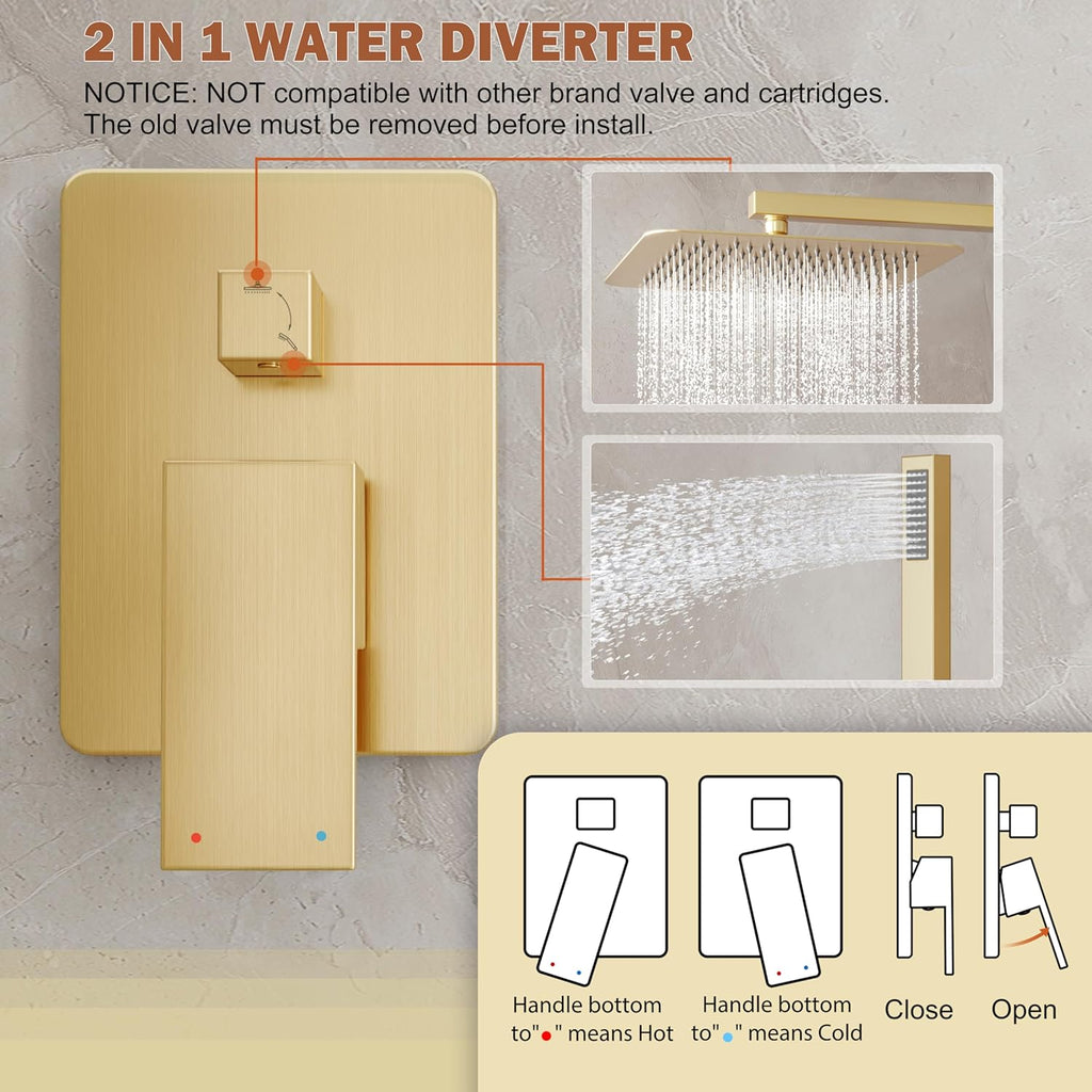 Gold Shower System, Shower Faucet Set with 10-Inch Rain Showerhead and Handheld Spray