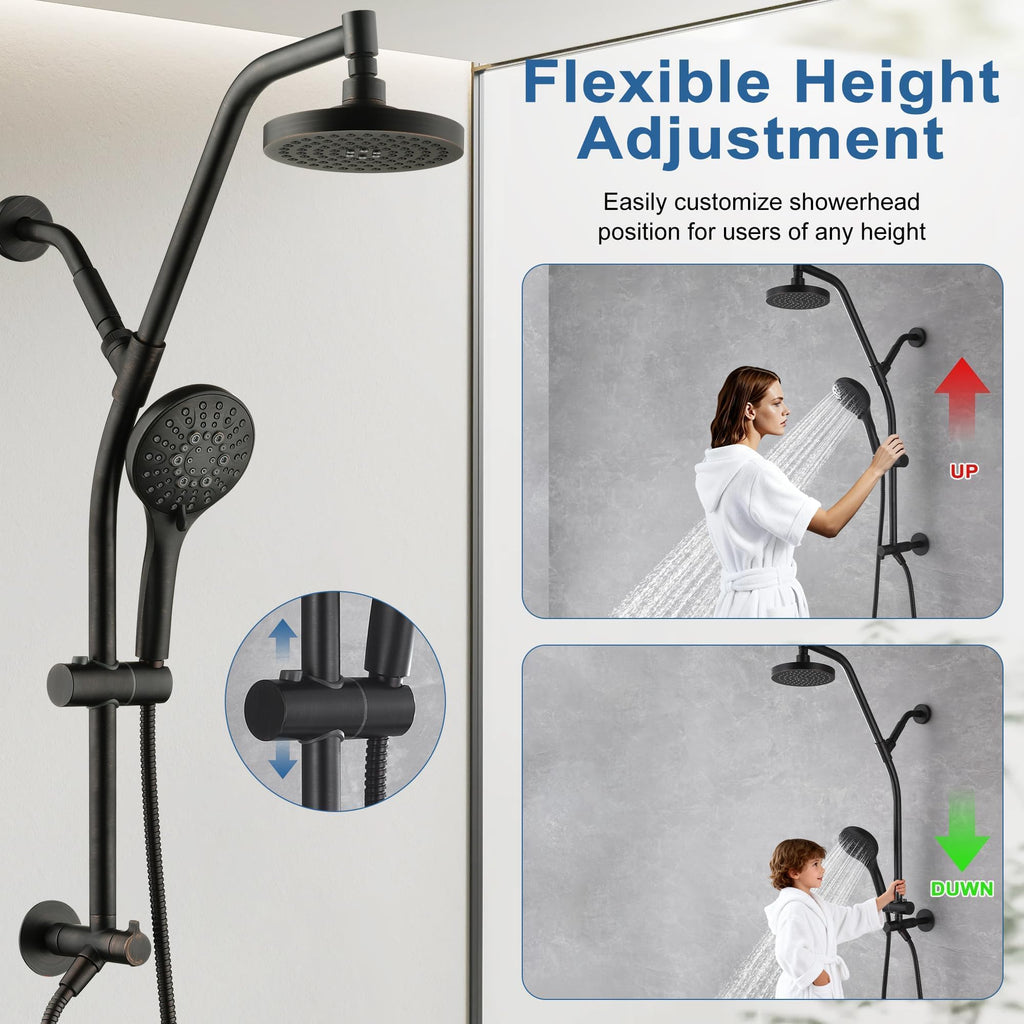 Rain Shower Head with Handheld Combo, Dual Shower System with Slide Bar, Adjustable Height, Brass Slide Bar &
