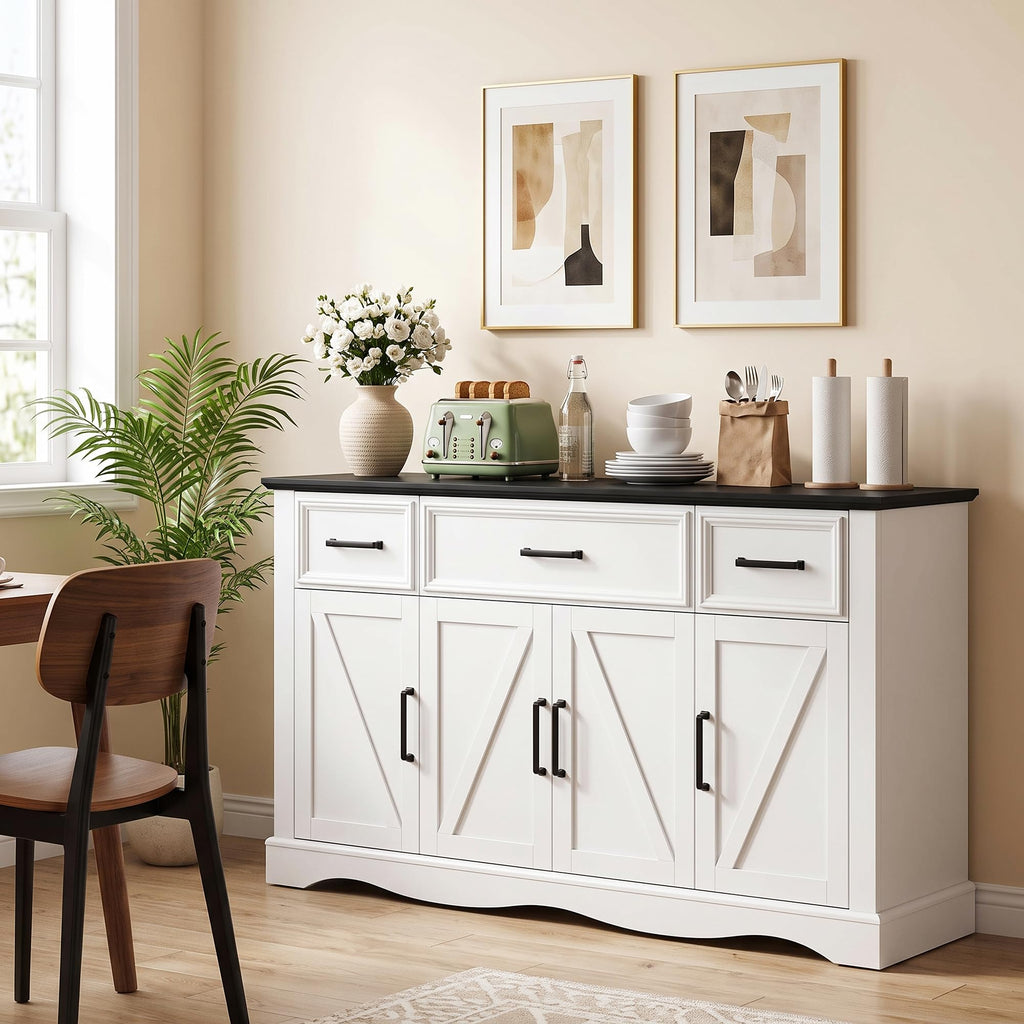 56" Farmhouse White Buffet Cabinet with Charging Station