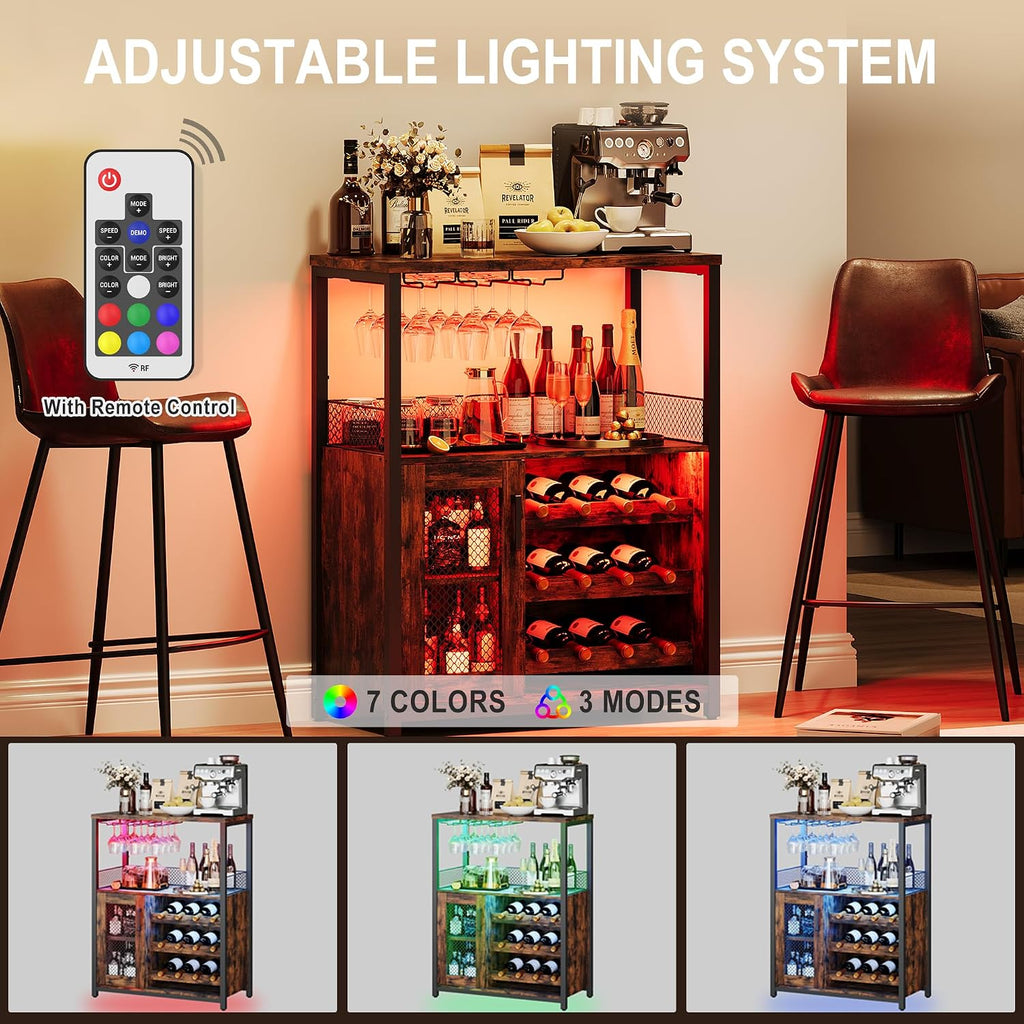 Wine Bar Rack Cabinet with LED Lights, Small Coffee Bar Cabinet | 36" Tall Liquor Bar Cabinet Kitchen Dinning Room