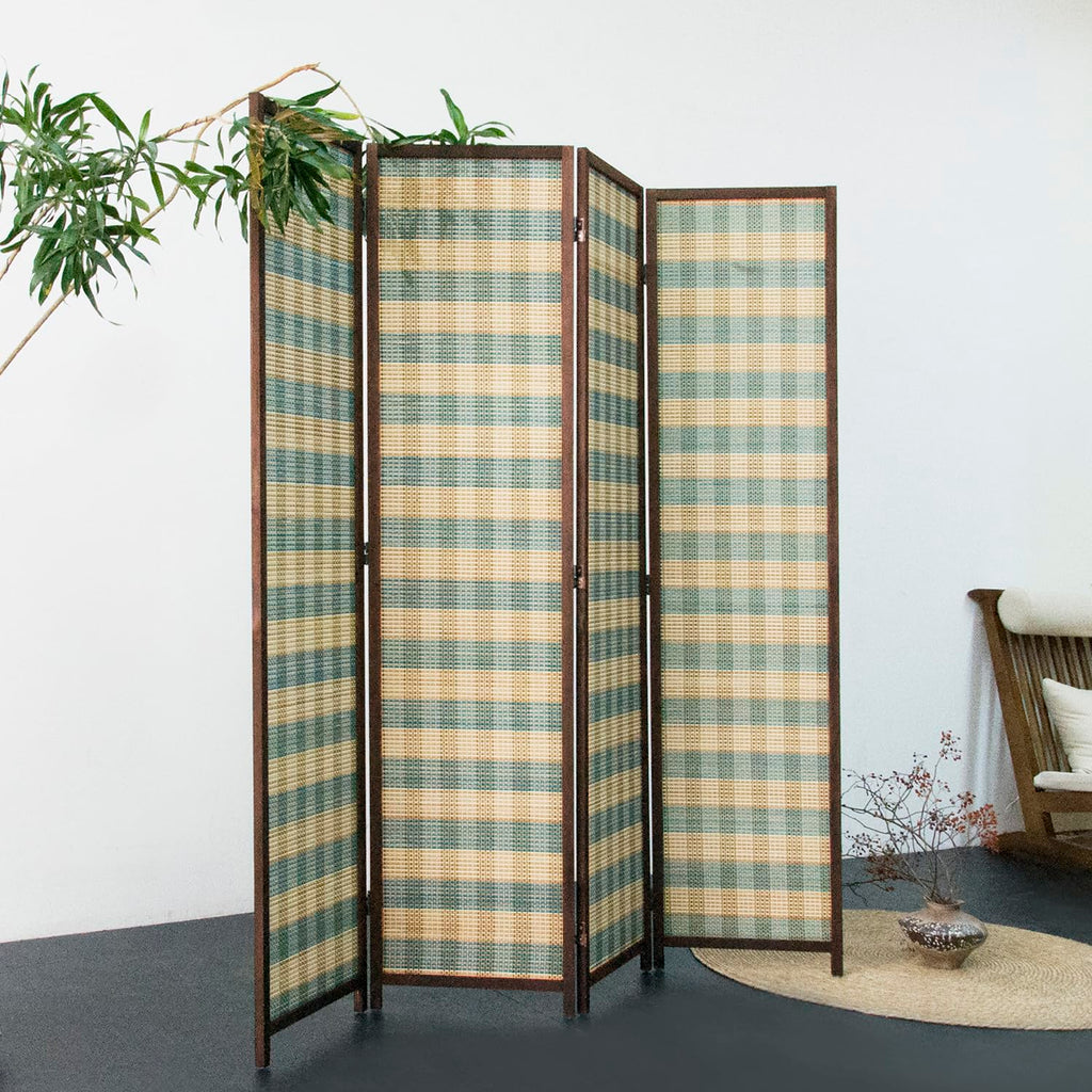 4 Panel Bamboo Room Divider, Blue Stripe Folding Privacy Screen