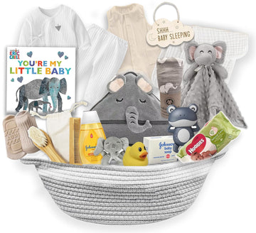 New Baby Boy/Girl Gift Basket (20 Items) for a New mom Elephant Baby Gift Set. Welcome Baby Care Package All