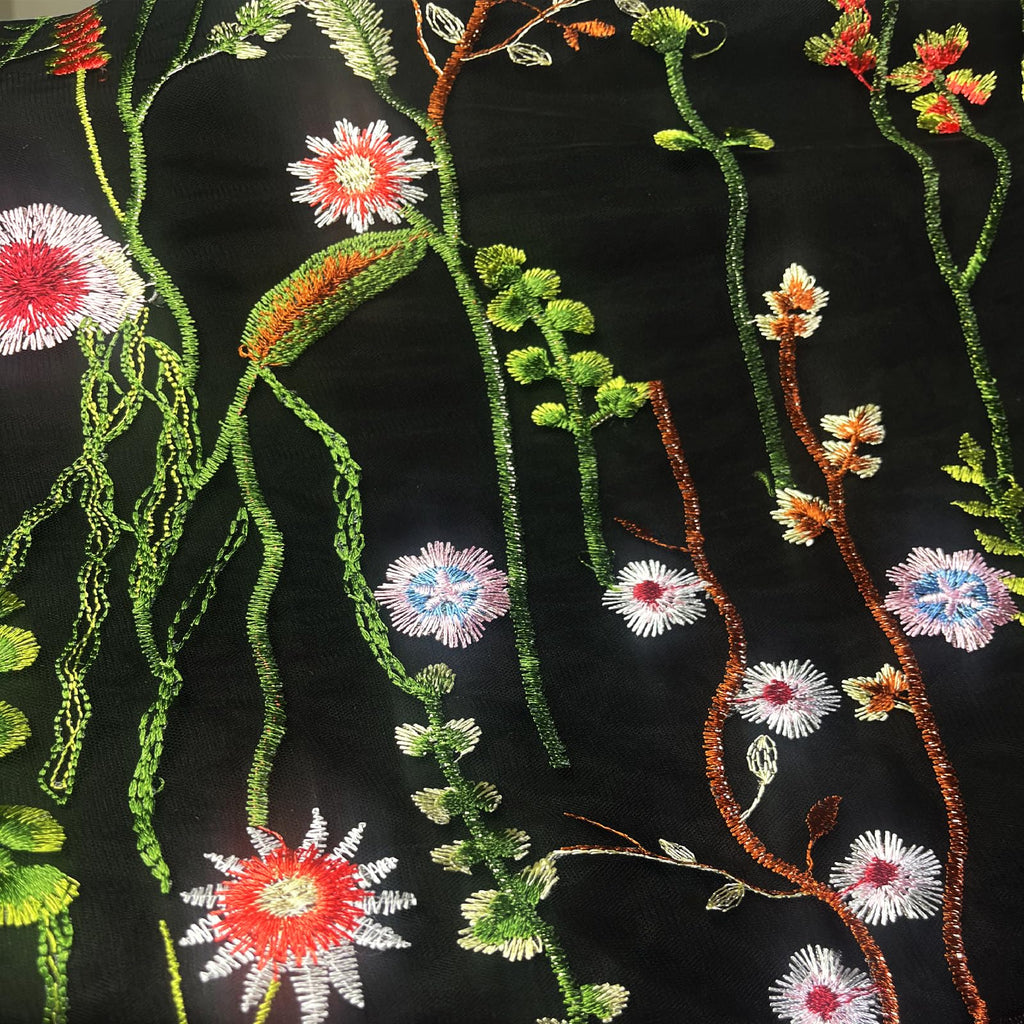 Lace Fabric, 2 Yards Black Beautiful Multicolor Seaweed Flowers Dense Embroidery Fabric Tulle Lace DIY for Sewing