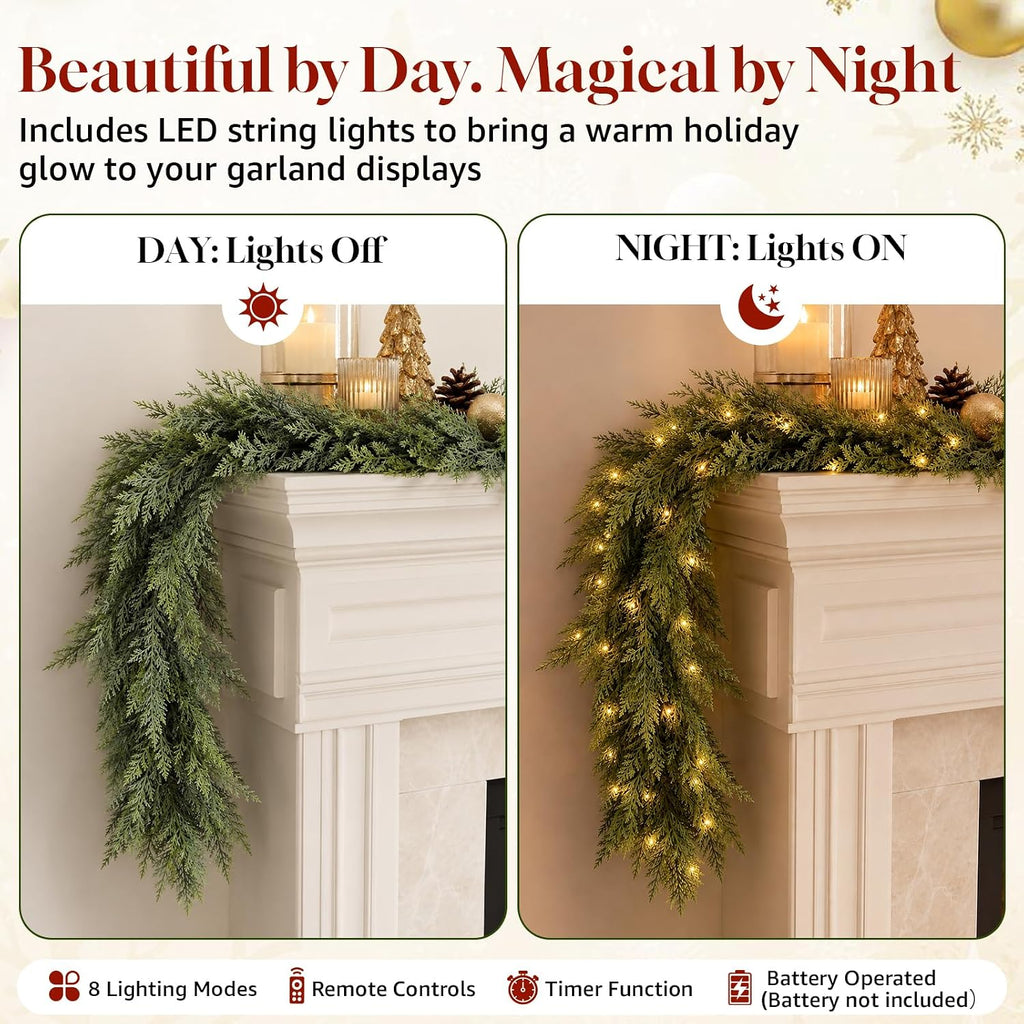 9FT Christmas Cedar Garland with Lights, Artificial Pine Greenery Decor