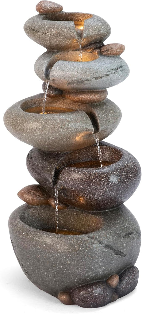 Water Fountain Outdoor, 5-Tiered Stacked Pebbles Outdoor Fountain with LED Lights and Pump, 24.5" H Zen Style