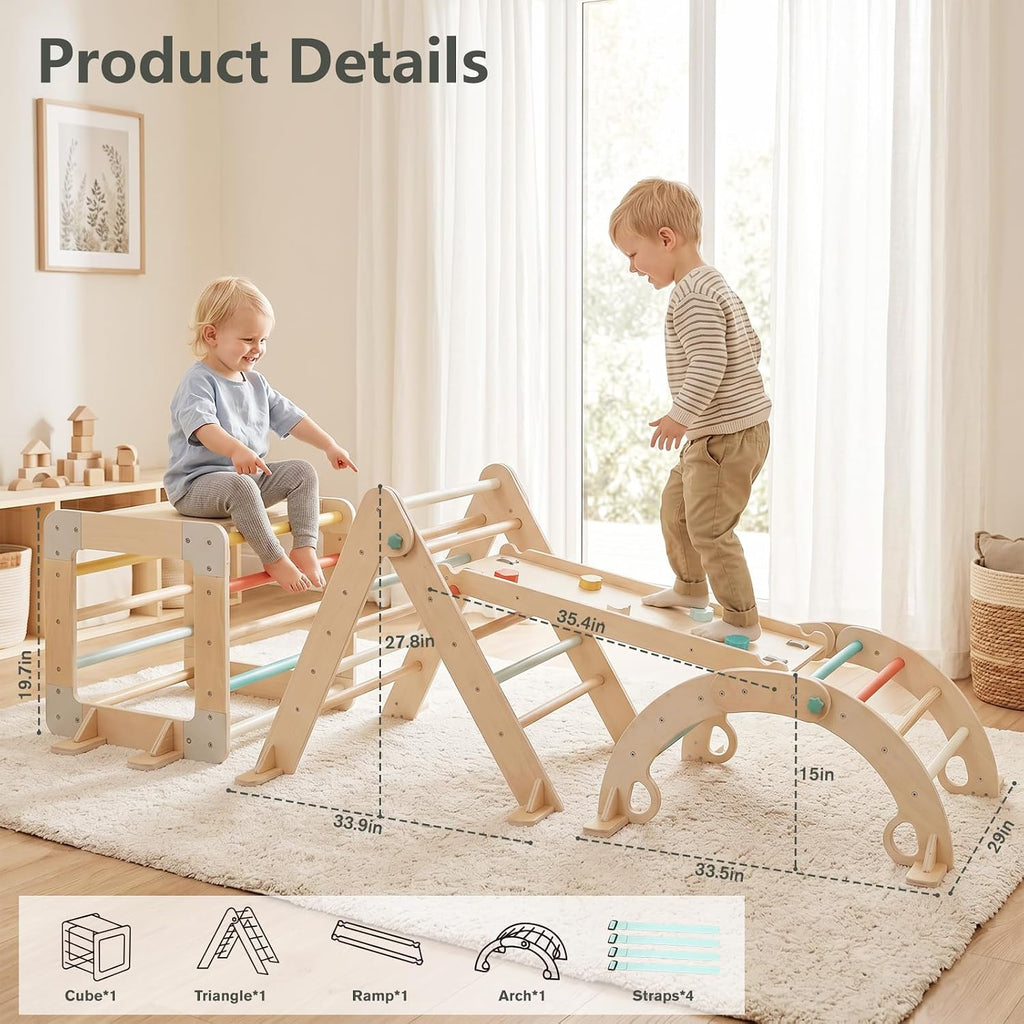 Triangle Set with Cube, Montessori Toddler Climbing Toys Indoor, Wooden Baby Jungle Gym with Climbing Arch and Ramp
