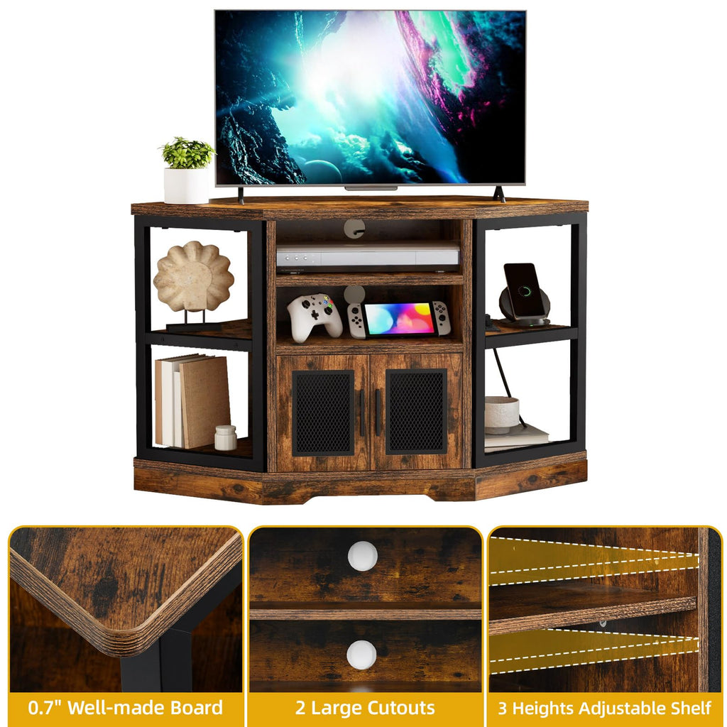 Farmhouse Corner TV Stand with Power Outlet, TV Console, Rustic Brown