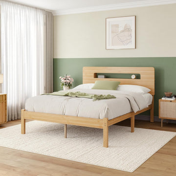 Solid Bamboo Wood Queen Bed Frame with Storage Headboard, 14 inch Platform Bed Frame Queen No Box Spring Needed with
