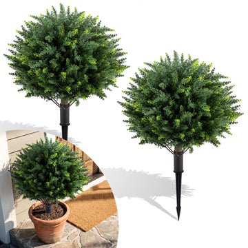 27.5" Artificial Cypress Topiary Trees Set of 2, Faux Topiary Bushes Shrubs with Ground Spikes, Indoor Outdoor
