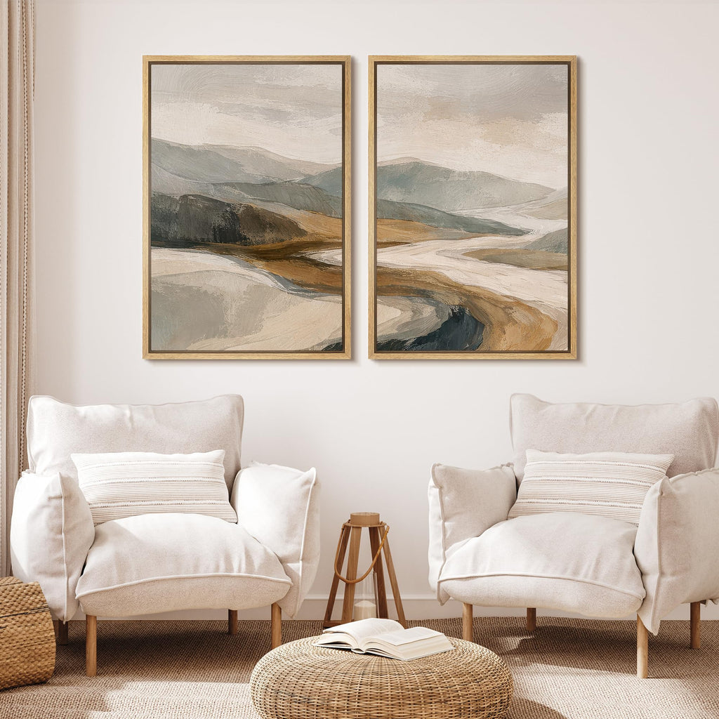 Framed Canvas Print Wall Art Abstract Mountain River Landscape Earth Tone Hills Illustrations Modern Art Decorative