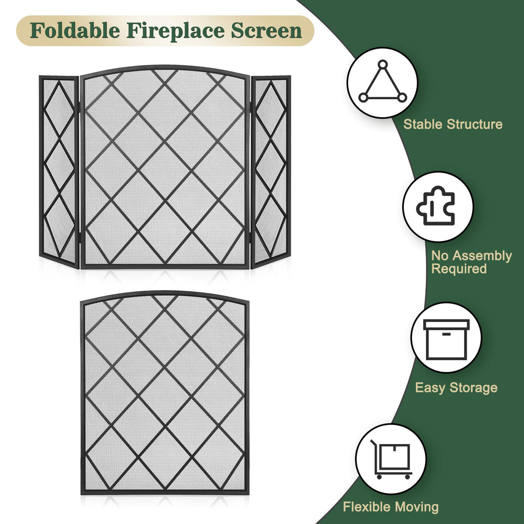 3-Panel Fireplace Screen 48" W x 30" H Wrought Iron Spark Guard