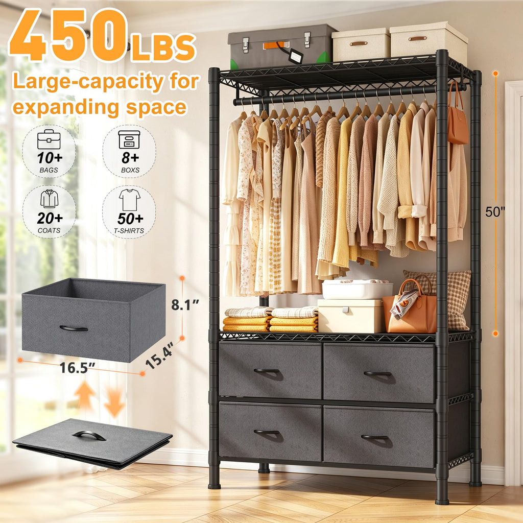 Clothes Rack, Heavy Duty Portable Closet with 4 Drawers 4 Shelves