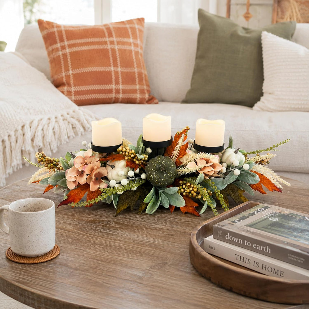 25 Inch Fall Candle Holder Centerpiece with Colorful Pumpkins