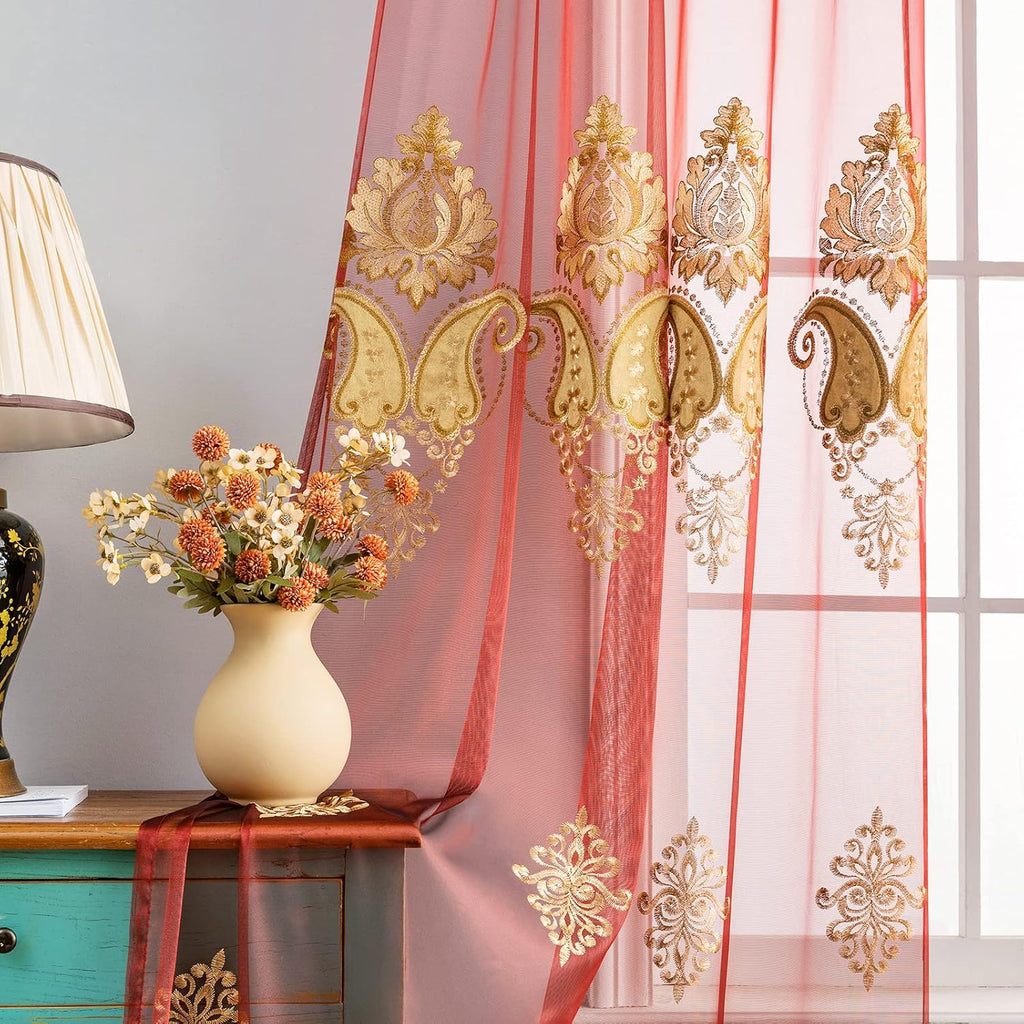 Luxury Embroidered Sheer Curtains for Living Room Burgundy Red Tulle Curtains for Bedroom Transparent Yarn Curtain