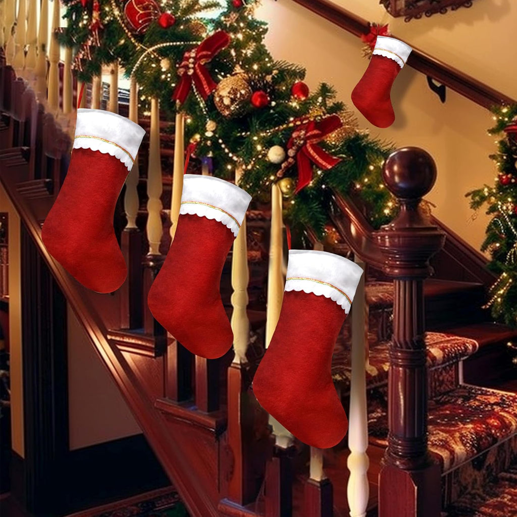 Christmas Stockings, 19" Red and White Christmas Stockings, Traditional Bulk Christmas Stockings with Gold Trim - Set of 12