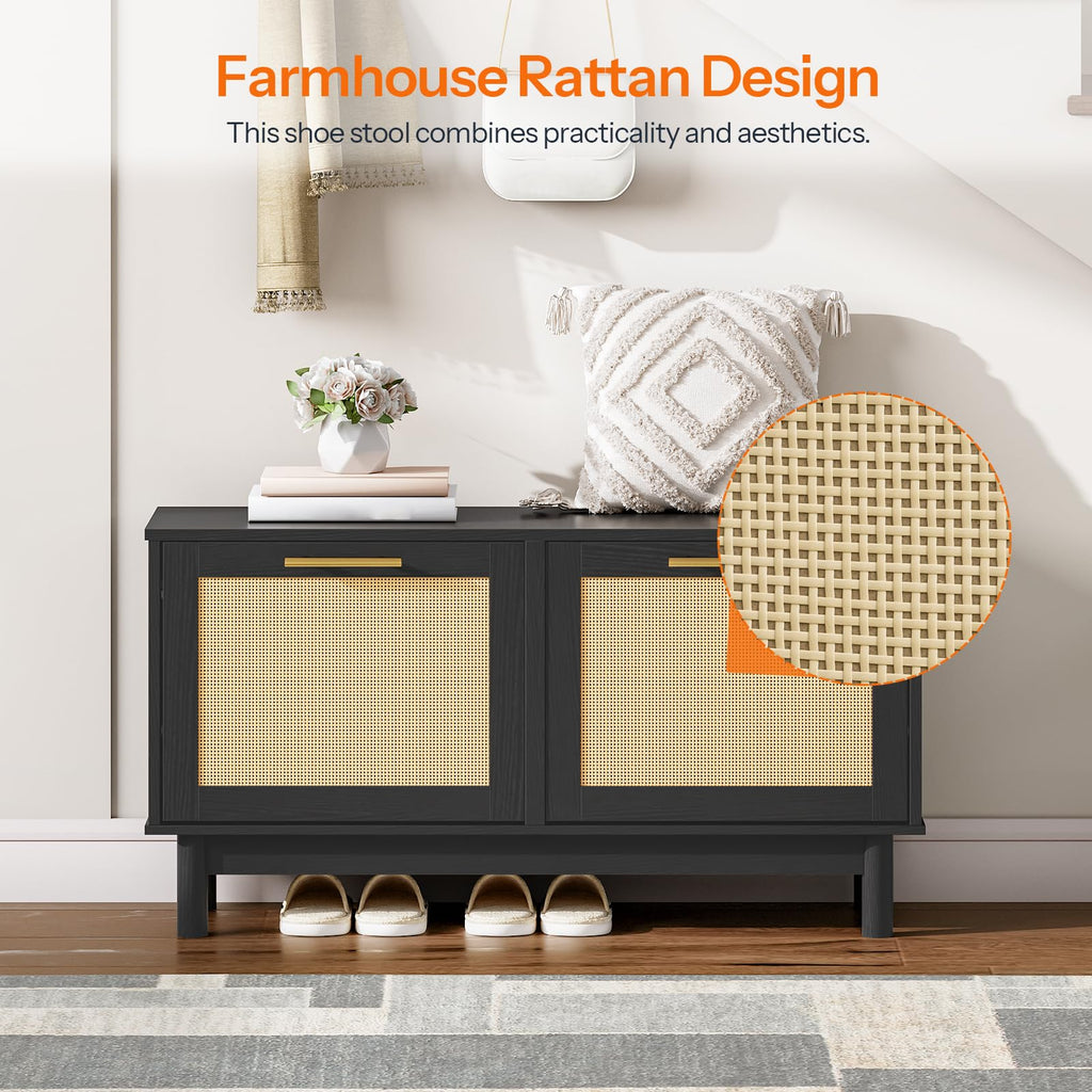 Rattan Shoe Storage Bench with Double Flip Drawers