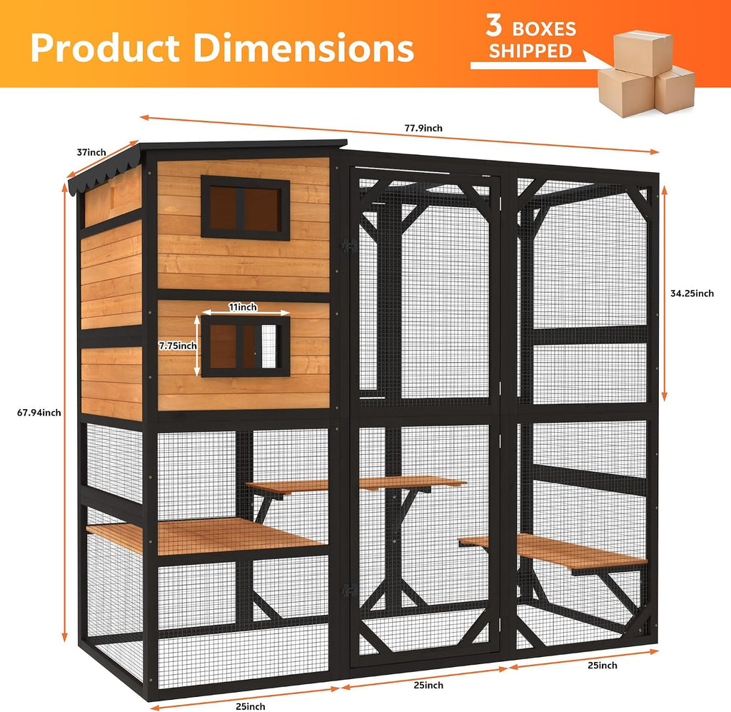 Oversized Catio Outdoor Cat Enclosure, Wooden 4 Tiers Cat Enclosures with Weatherproof Roof, Large Cat Patio Conect