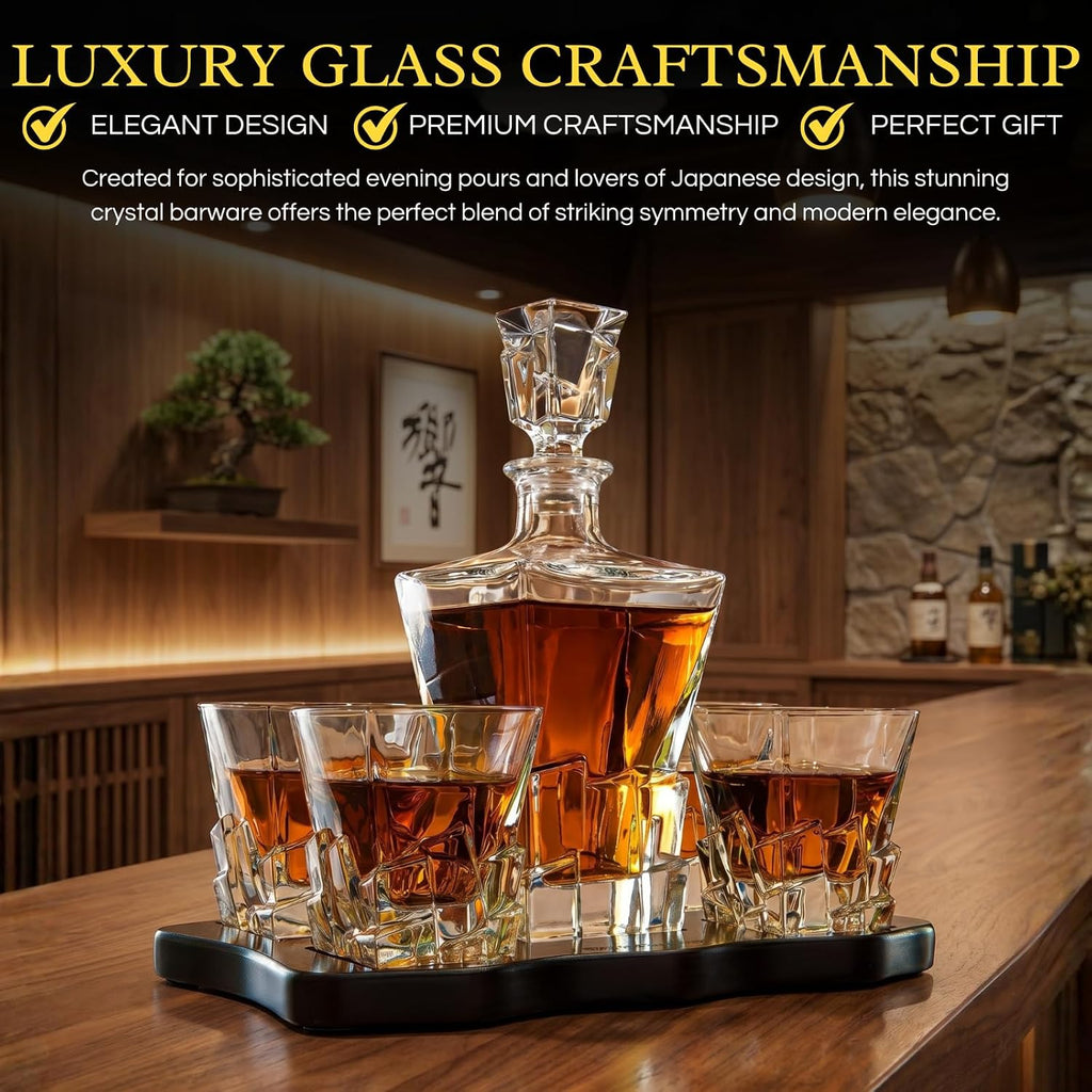 Ridge Japanese Crystal Whisky Decanter Set with 4 Tumbler Glasses, Lead-Free Liquor Carafe & 10oz Rocks Glasses