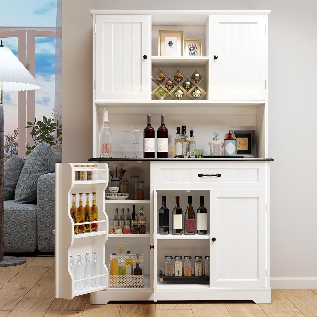 Tall Kitchen Storage Cabinet with Door and Shelves White and Black | Kitchen Pantry Cabinet with Storage 67" Large