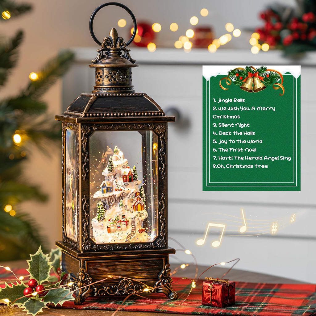 Christmas Snow Globe Lantern Musical Lighted Snow Mountain Snowman Village Water Lantern with Swirling Glitter