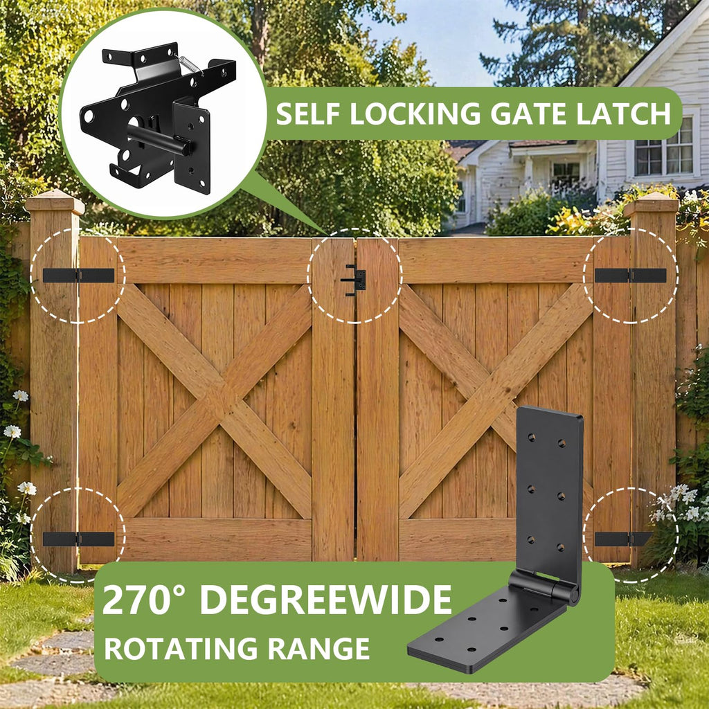Fence Gate Hinges Heavy Duty and Self Locking Latch Set 3Pack for Wood Gates, 270° Outdoor Hardware Kit, Strap Dual
