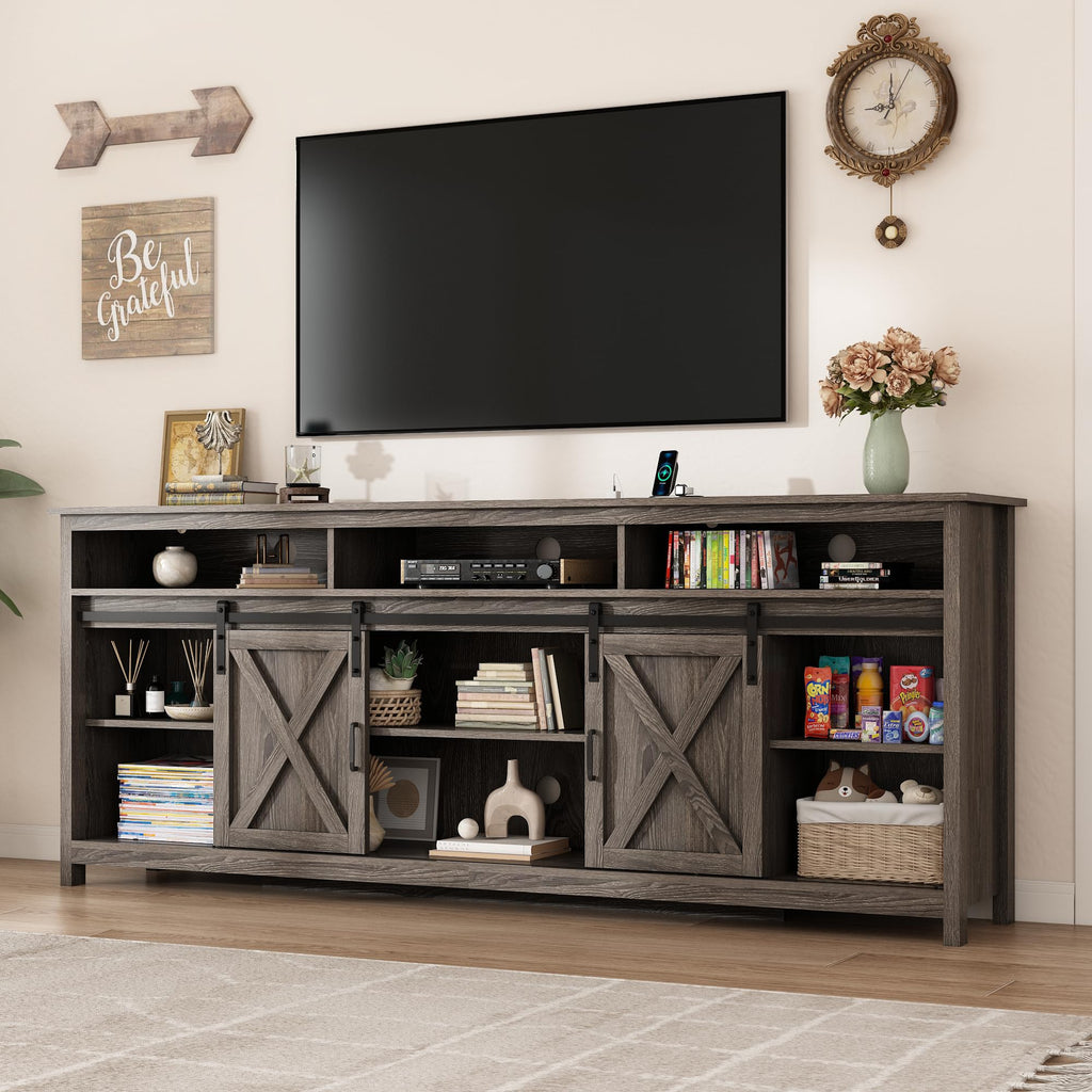 80" LED Farmhouse TV Stand for 90/85/80 Inch TVs, Tall Entertainment Center Storage Cabinets w/Power Outlets and