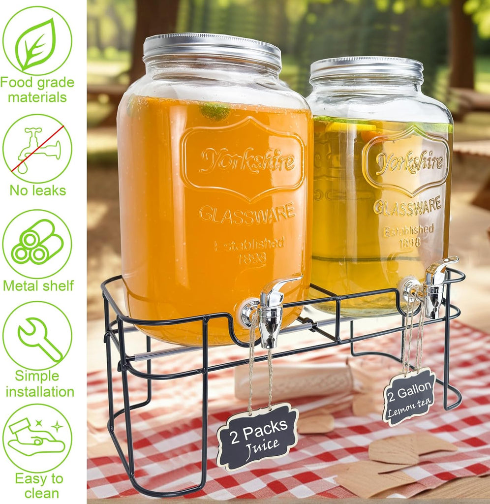 2 Gallon Larger Glass Drink Dispenser for Parties, 2 Packs Juice Lemonade Ice Tea Water Dispenser with Stand