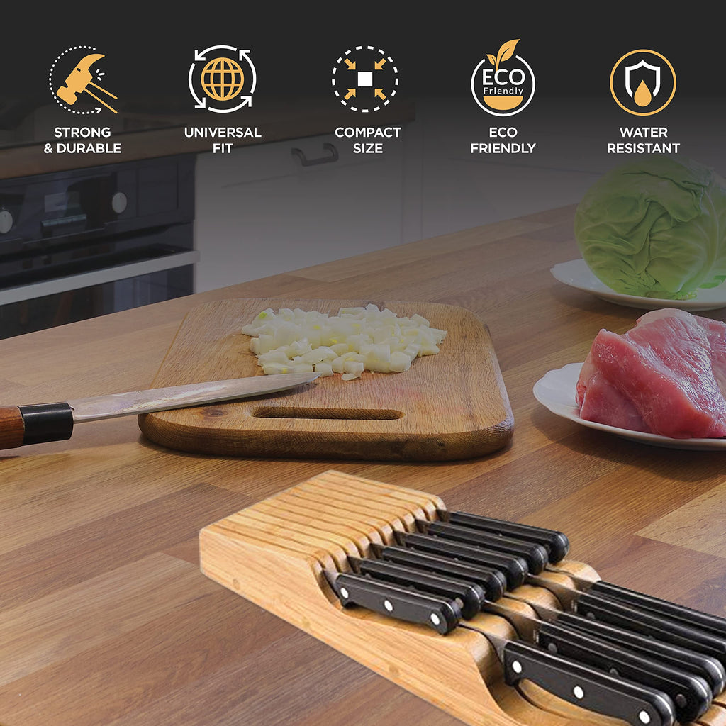 Knife Drawer Organizer 16 Slot In-Drawer Knife Block Holder, Bamboo