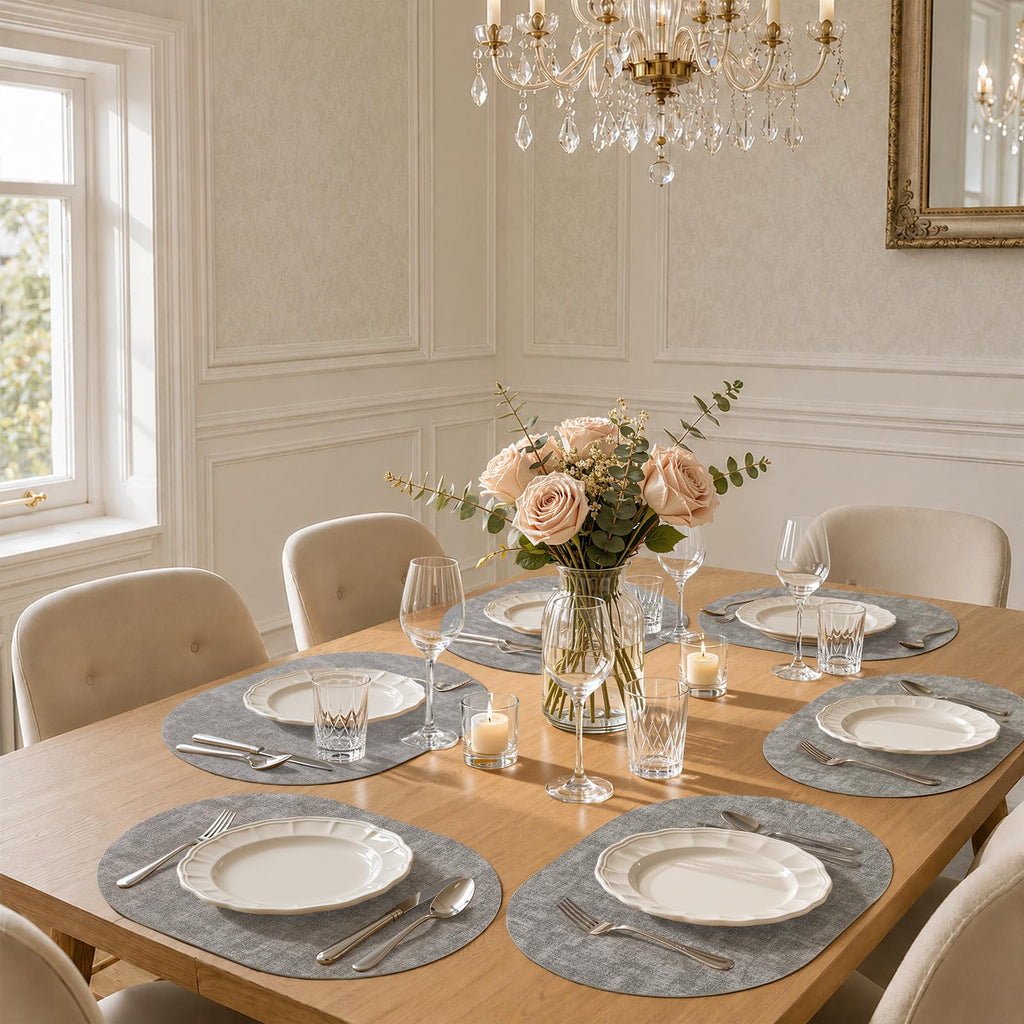 Oval Faux Leather Placemats Set of 4, Easy to Clean, Light Grey