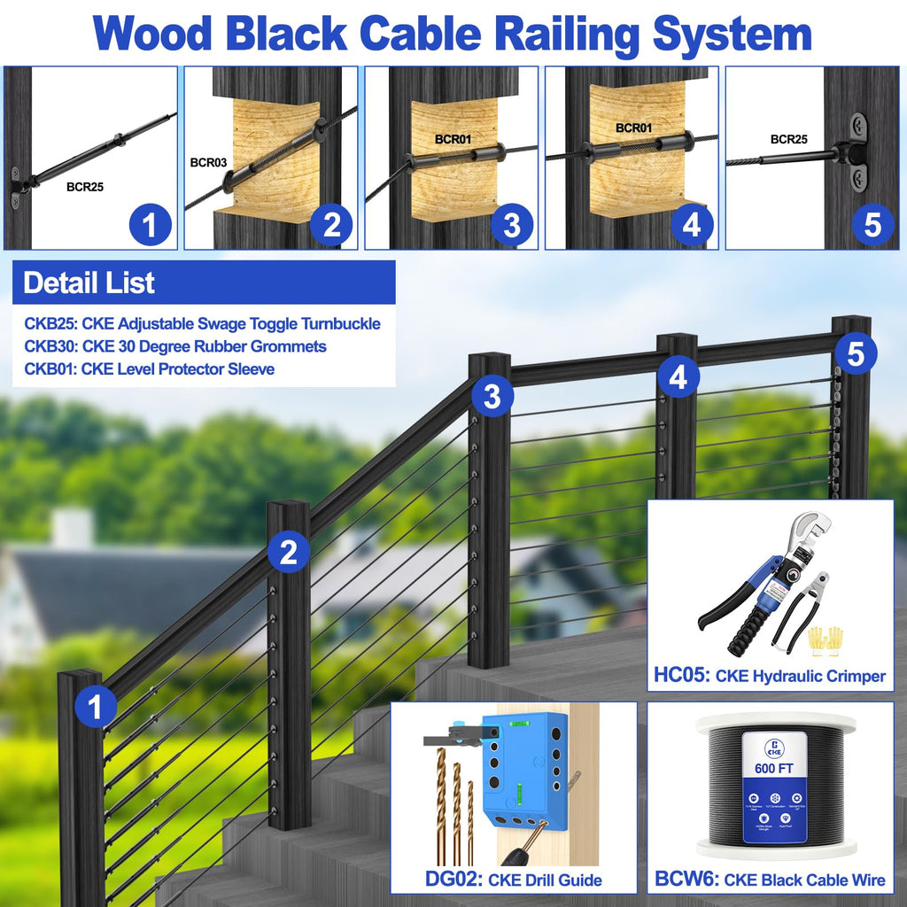 10 Pairs 1/8" Black Cable Railing Hardware Kit Swage Toggle Turnbuckle for Wood Post, T316 Stainless Steel Black Deck