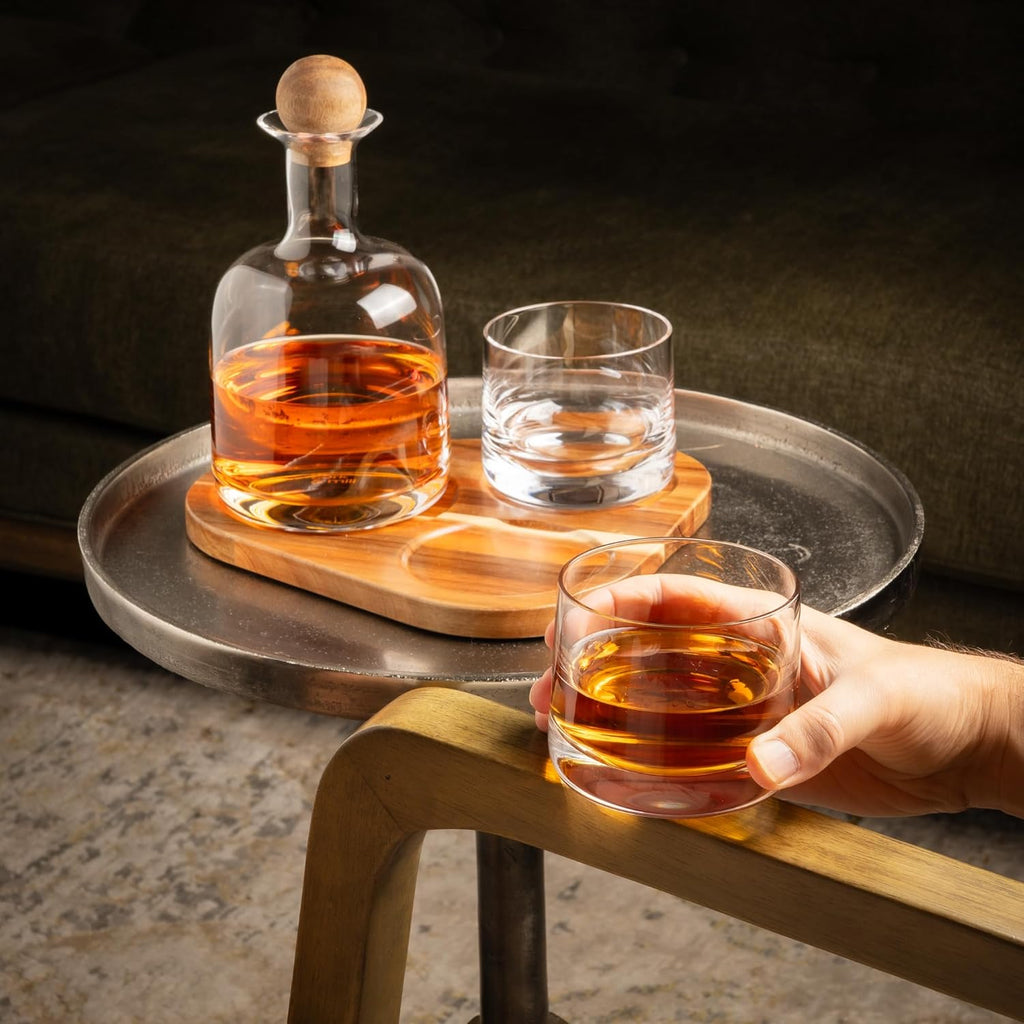 Whiskey Decanter Set with Glasses, Wood Tray and Stopper - Set of 5