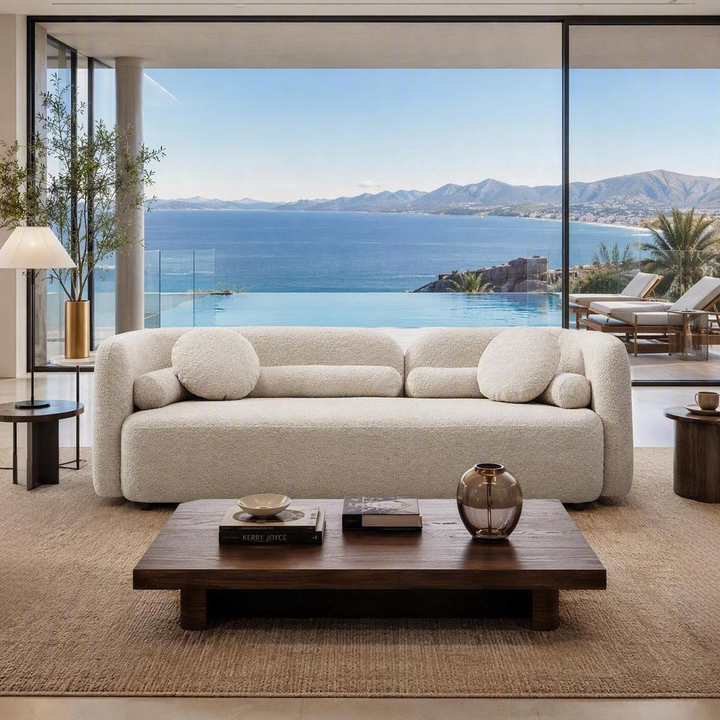 Japandi Minimalist Curved Sofa, 88.5", 3-Seater, Solid Wood, Bouclé, Beige