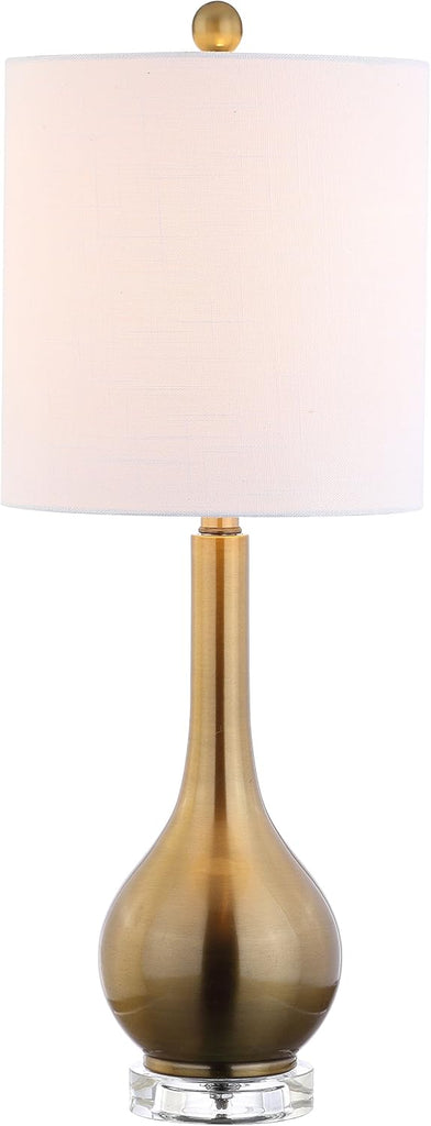 25" Brass Gold Metal and Crystal Teardrop LED Table Lamp Living Room Bedside Nightstand, White Linen