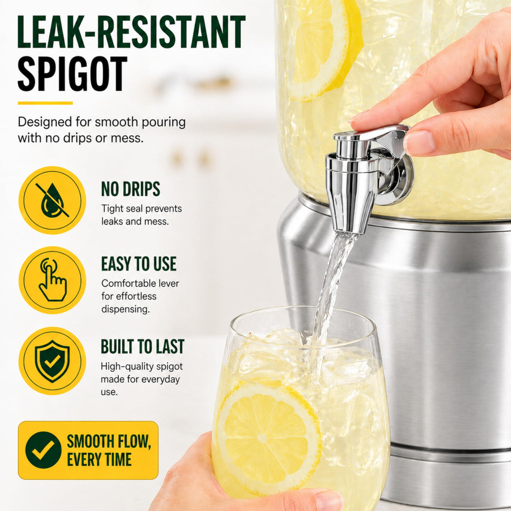 Drink Dispenser with Ice Chambers, Lemonade Tea Water Dispenser with Spigot, Stainless Steel Beverage Jar Jug