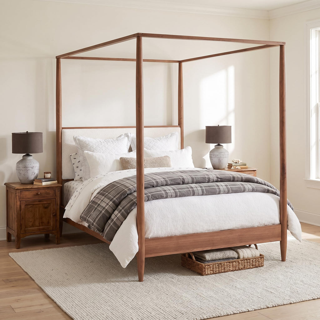 4-Poster Wood Canopy Bed with Boucle Headboard, Walnut
