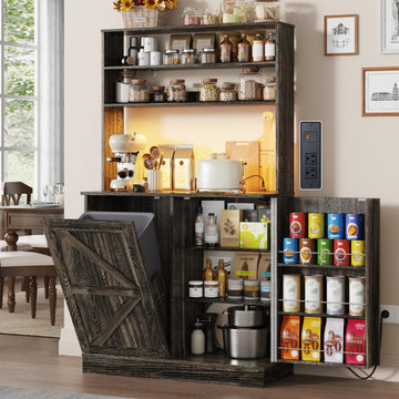 63" H Pantry Cabinets with 10 Gallon Trash Can, Led Light, Outlet, 35" W Kitchen Hutch with Tilt Out Trash Can