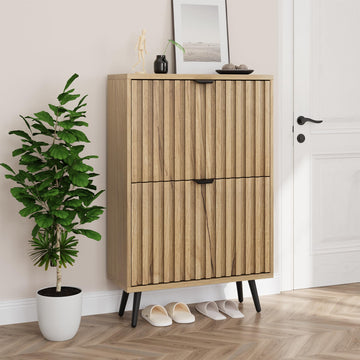 Shoe Cabinet with 2 Flip Drawers, 23.6" Natural Hidden Shoe Storage Cabinet with Fluted Design, Freestanding Shoe