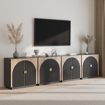 Set of 4 Modular Fluted Sideboard Buffet Cabinet, Mid-Century Modern Console Sideboard with Symmetrical Arched Doors
