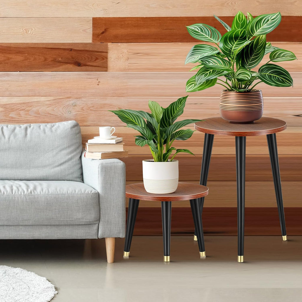 2 Pcs Indoor Plant Stand Mid Century Vintage Wood Modern Flower Pots Holder Round Side Table End Table Plant Stools